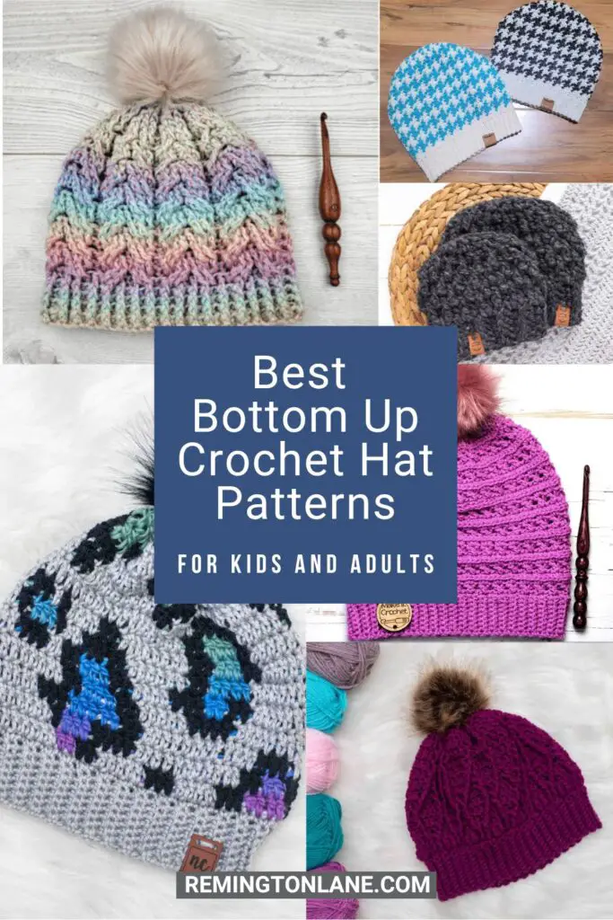 A collage of crochet hat patterns all made using the bottom up construction method