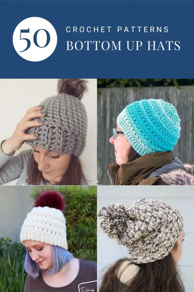 Bottom up crochet hats modeled by a variety of designers