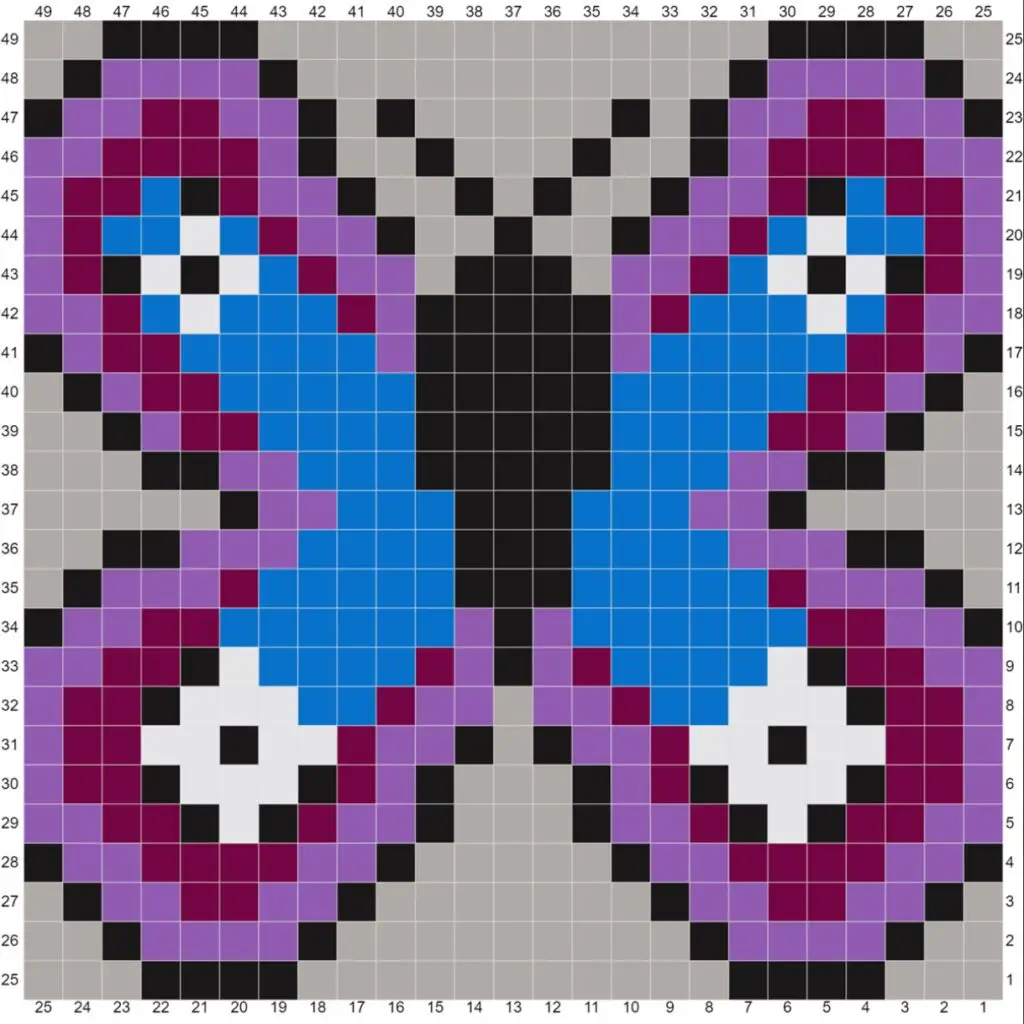 A 25 by 25 square graph or chart that has different colors in each square to make a colorful butterfly image