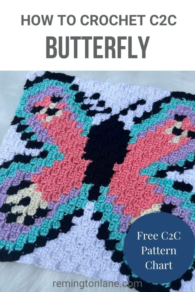 Save this crochet butterfly c2c square pattern for later.