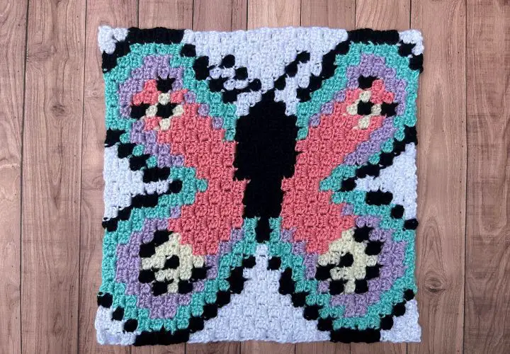 A closeup of a colorful crochet blanket square with a butterfly image.