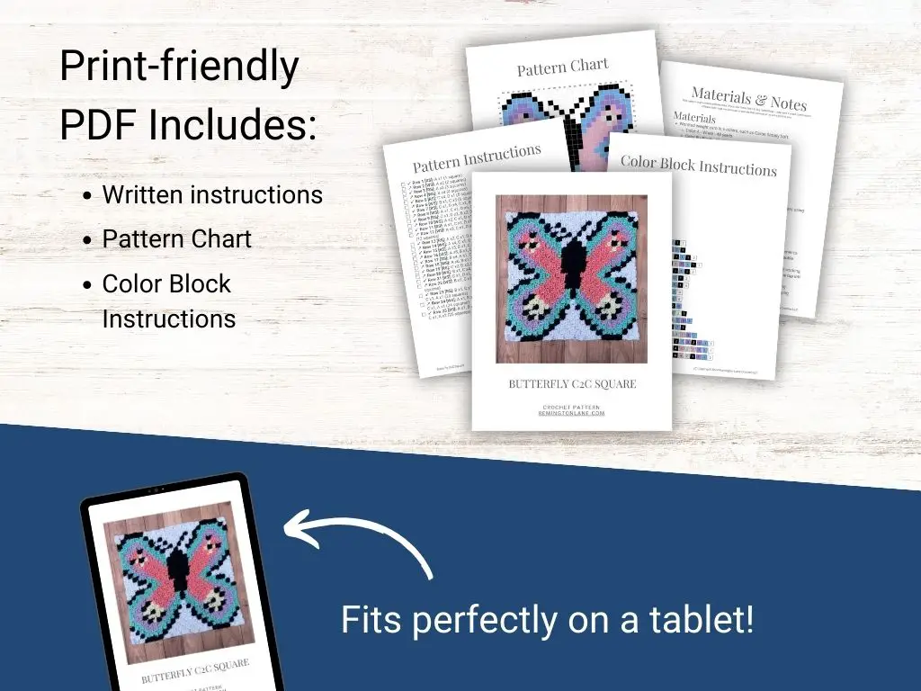 Preview of a printable crochet c2c butterfly blanket square pattern