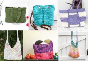 A collage of multiple crochet bag patterns including market bags, tote bags