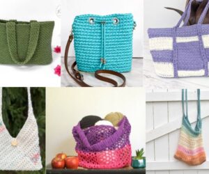 A collage of multiple crochet bag patterns including market bags, tote bags