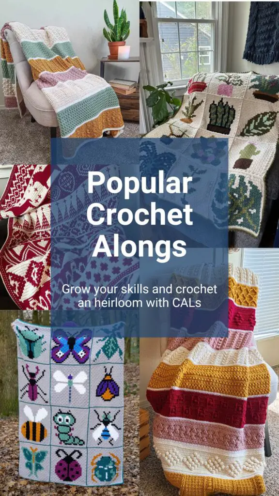 A collage of popular crochet along blankets and projects.