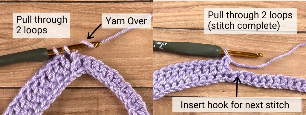 A photo with a sample of yarn, arrows and labels that shows the fourth step in making a BPdc stitch