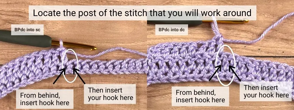 A photo with a sample of yarn, arrows and labels that shows the first step in making a BPdc stitch