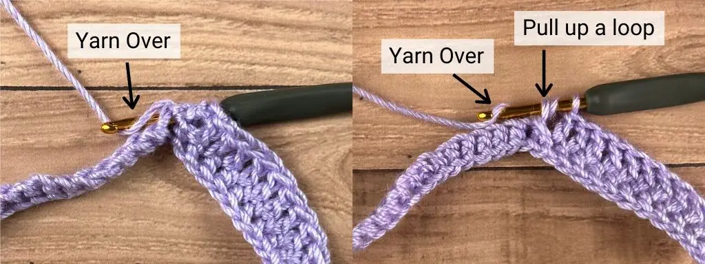 A photo with a sample of yarn, arrows and labels that shows the third step in making a back post double crochet stitch right-handed