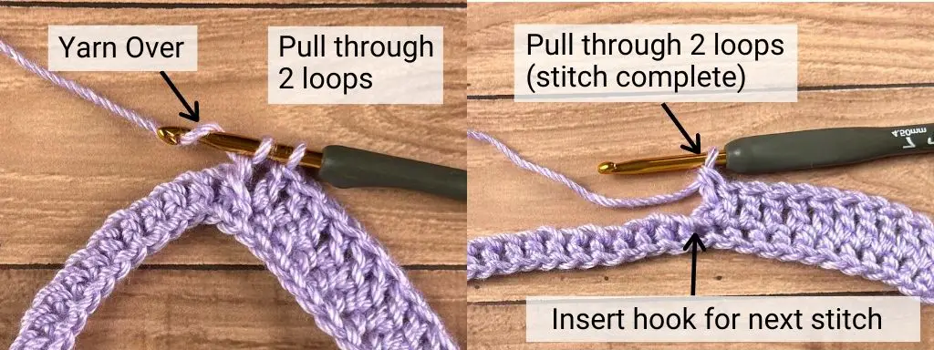 A photo with a sample of yarn, arrows and labels that shows the fourth step in making a BPdc stitch right-handed
