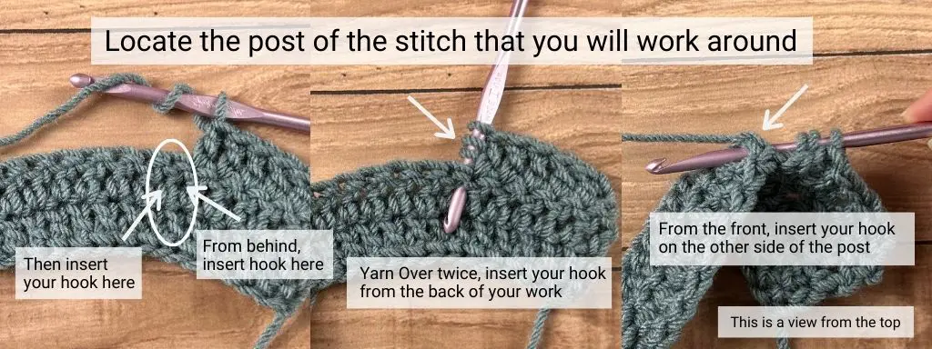 Steps 1 and 2 for how to know where to put your hook when making a back post treble crochet stitch.