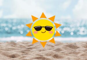 A picture of the ocean from the view on a sandy beach, with a sun icon.