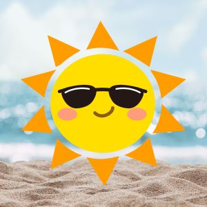 Picture of the ocean and sandy beach, with a cartoon sun wearing sunglasses