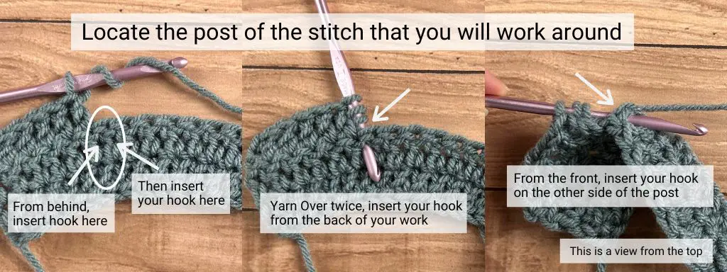 A collage of steps 1 and 2 of grey yarn and a red hook showing how to crochet a BPtc stitch.