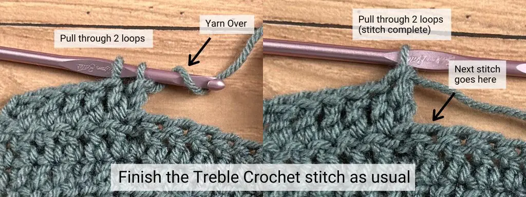 Step 4 of how to crochet a back post treble crochet stitch left-handed.