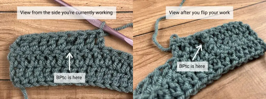 A side-by-side comparison of grey yarn crocheted with BPtc stitches.