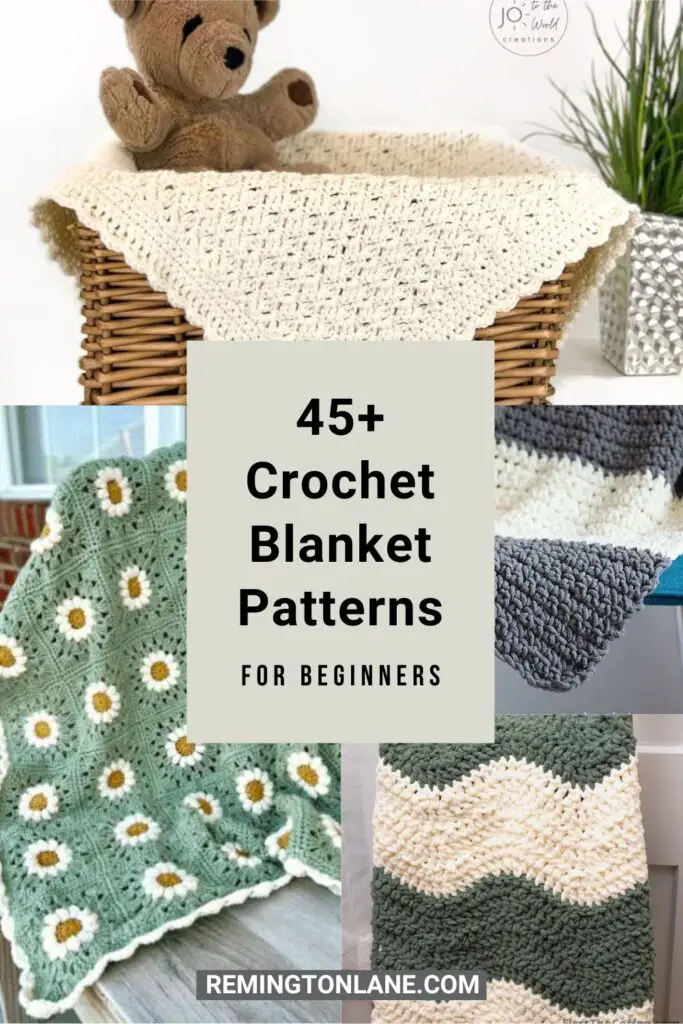 A collage of crochet blanket patterns for beginners to save this post for later.