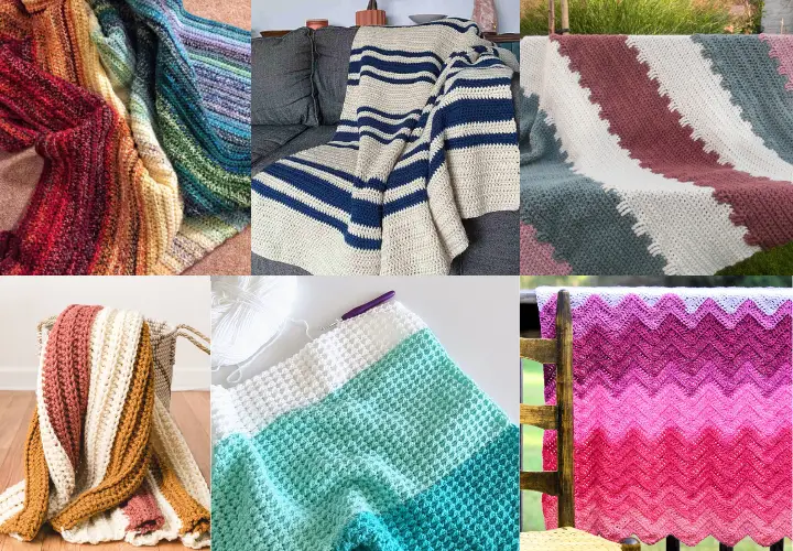 Several photos of crochet blanket patterns of different sizes and colors, yet all beginner-friendly.