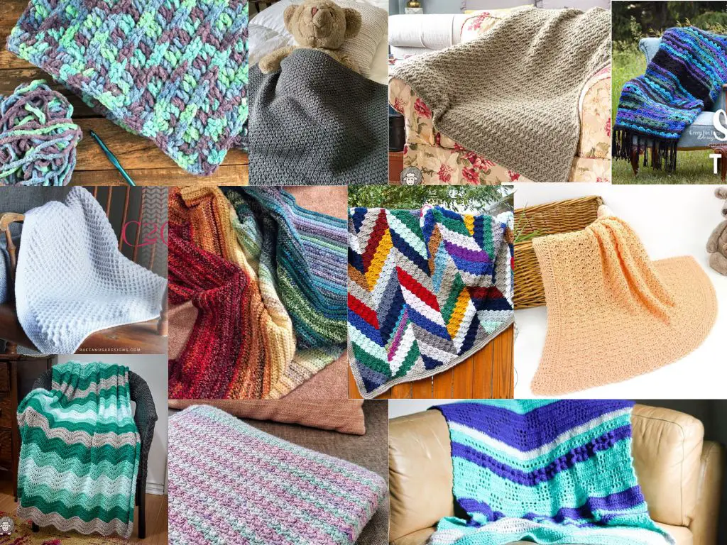 A picture collage of beginner-friendly crochet blanket patterns.