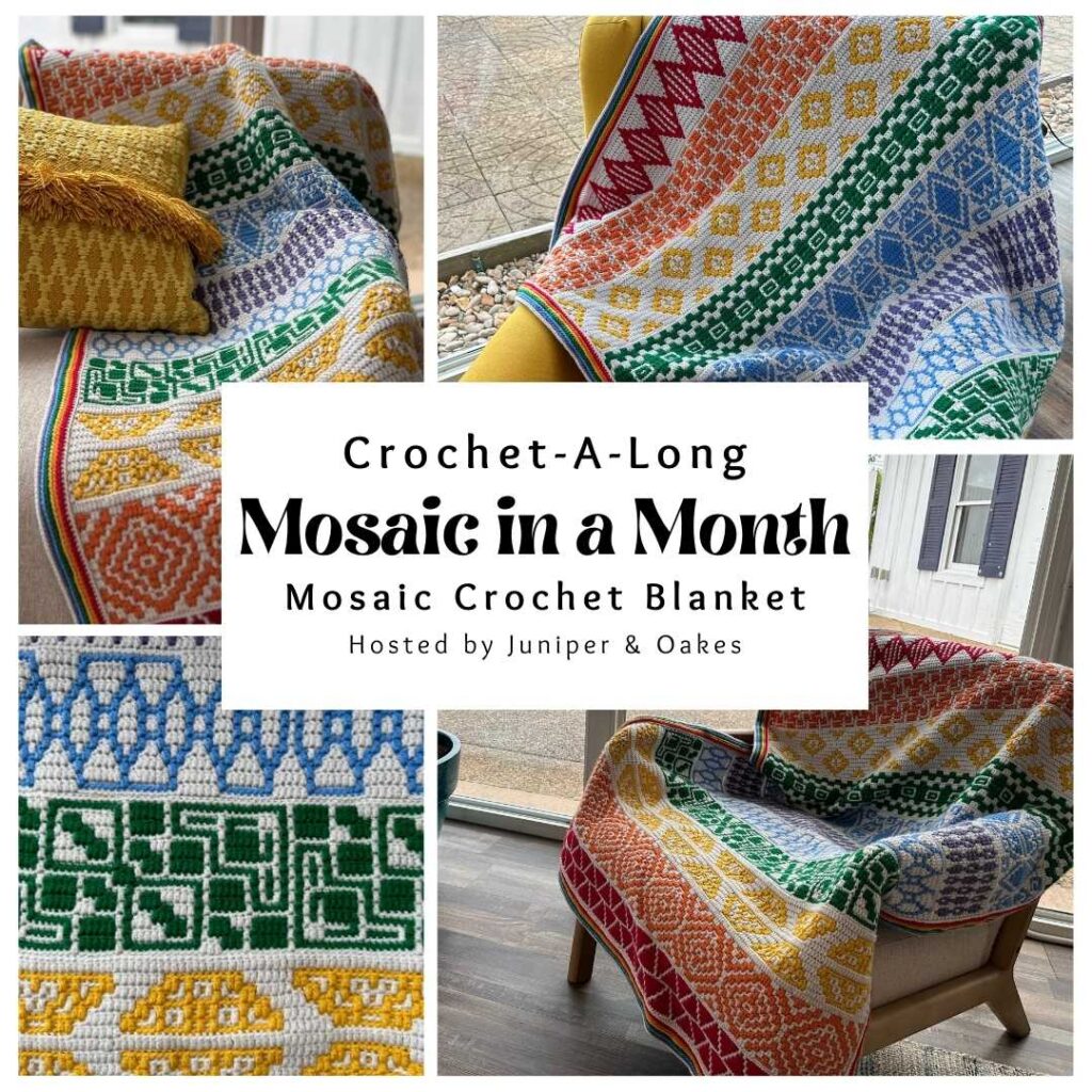Collage of multiple photos of the Mosaic in a Month crochet blanket