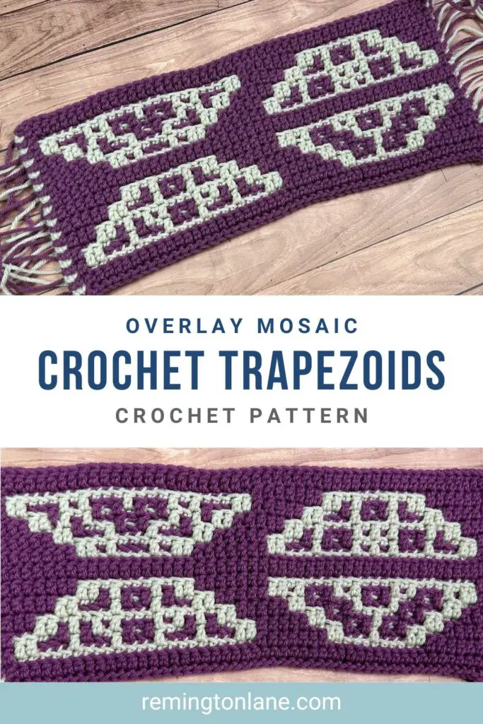 A collage of a crocheted blanket strip in purple and cream yarn using overlay mosaic crochet to create trapezoid designs.