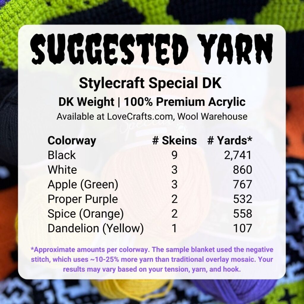 List of yarn colors and yardage amounts to make the Halloween Mosaic Blanket.