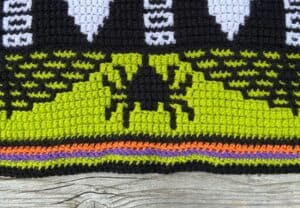 A close-up of the spider and spider web blanket section made in green and black yarn.
