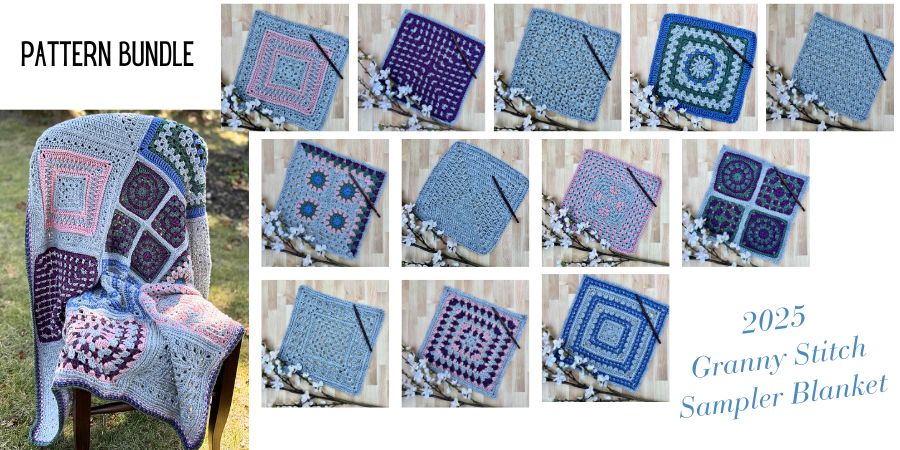 A collage of all the featured crochet blanket squares in the 2025 Granny Stitch Sampler Blanket CAL