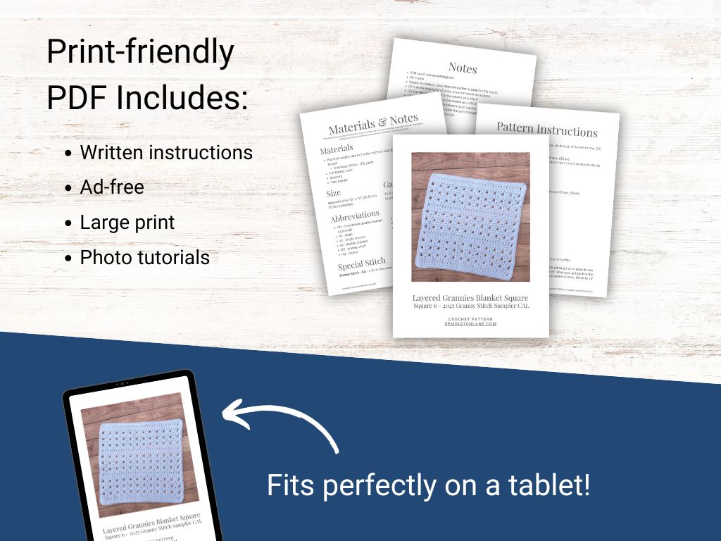 A preview of the printable PDF for the Layered Grannies crochet blanket square pattern.