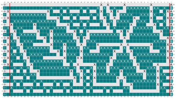 The graph for the November leaves section of the Months of the Year blanket crochet along in turquoise and white coloring.