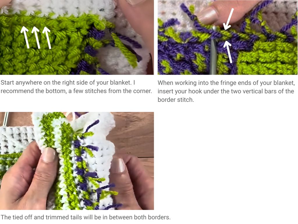 Close-up collage of the steps in making a crochet envelope border for the right side.