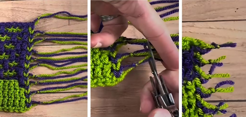 Close up of the yarn tails in the envelope border and how to tie and trim them.